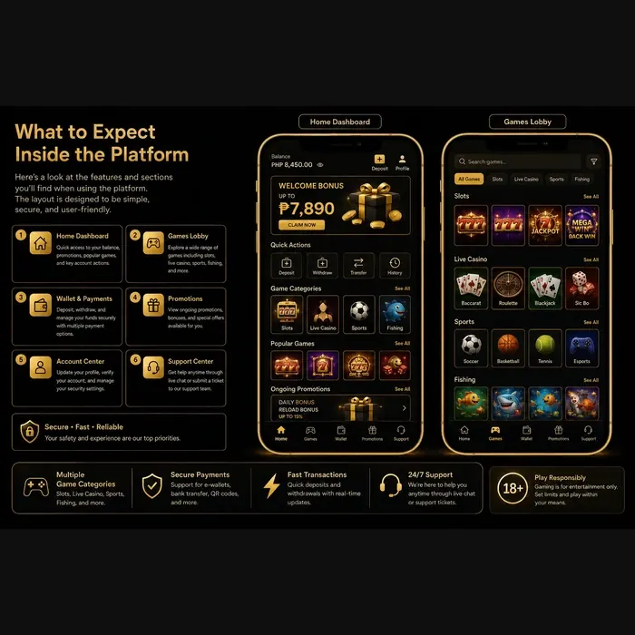 Overview graphic showing what to expect inside the 789Taya platform: home dashboard, games lobby, wallet, promotions, account center, and support center